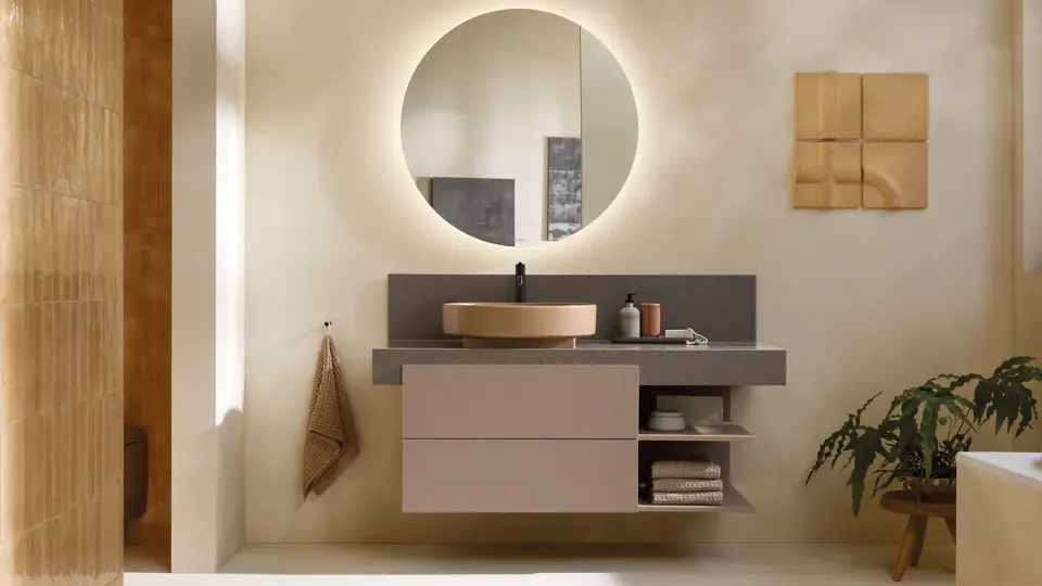 stunning bathroom interiors with a washbasin, mirror and cabinets featuring bathroom solutions, sanitaryware by Duravit 