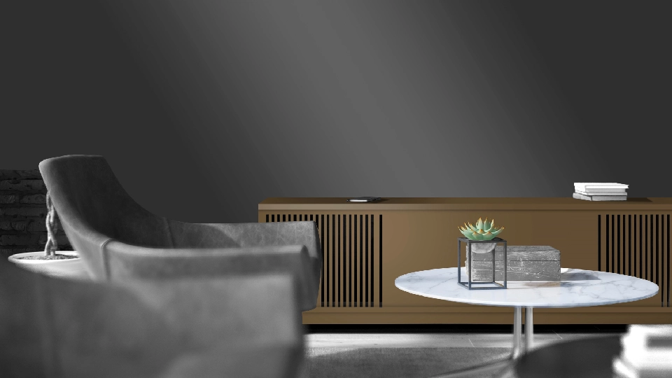 A living room, having grey coloured sofa, a round coffee table, featuring Luvih laminates