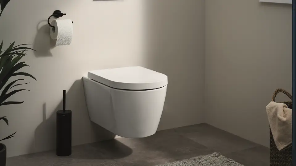 white wall mounted toilet in a bathroom featuring bathroom solutions, sanitaryware by Duravit as described by Sahyog Pandita