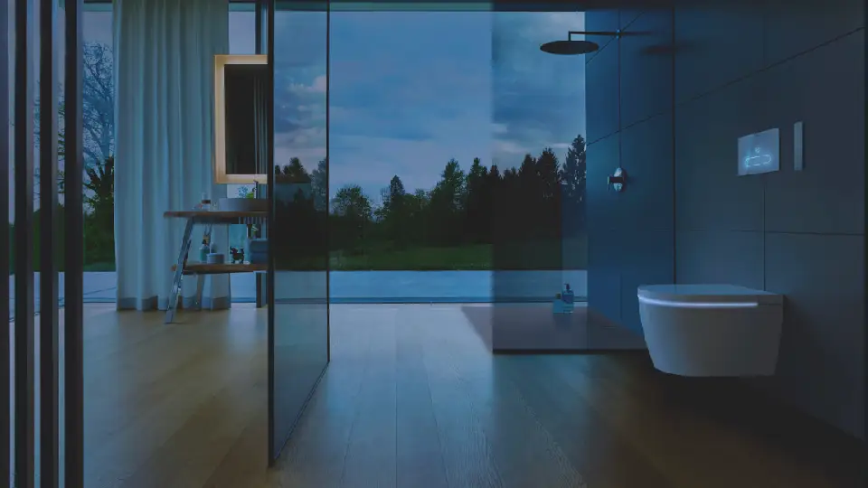 stunning bathroom interiors with a toilet and glass doors featuring bathroom solutions, sanitaryware by Duravit as described by Sahyog Pandita
