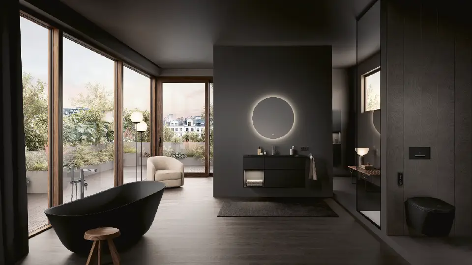 black bathroom with bathtub, cabinet and mirror