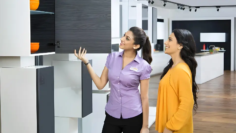 White kitchen cabinets in a showroom