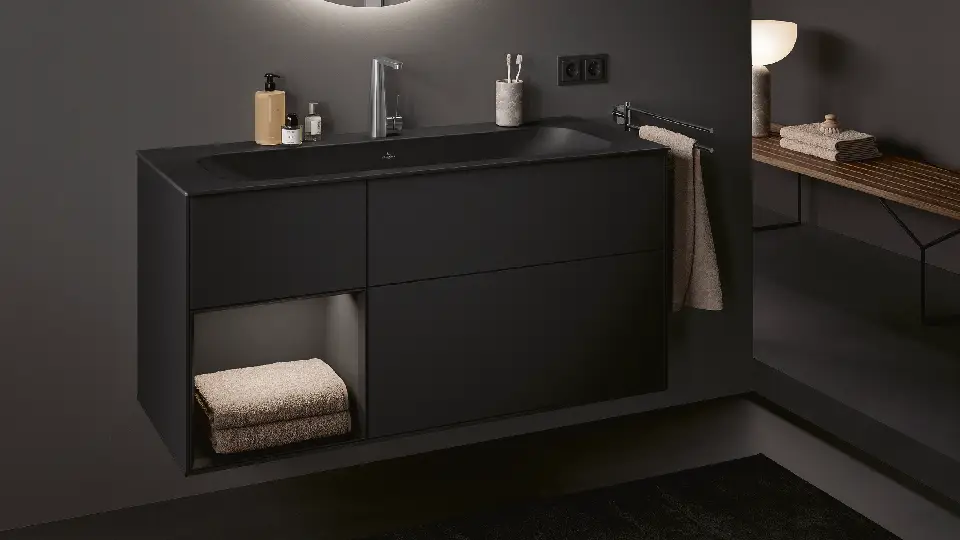 black vanity in a bathroom