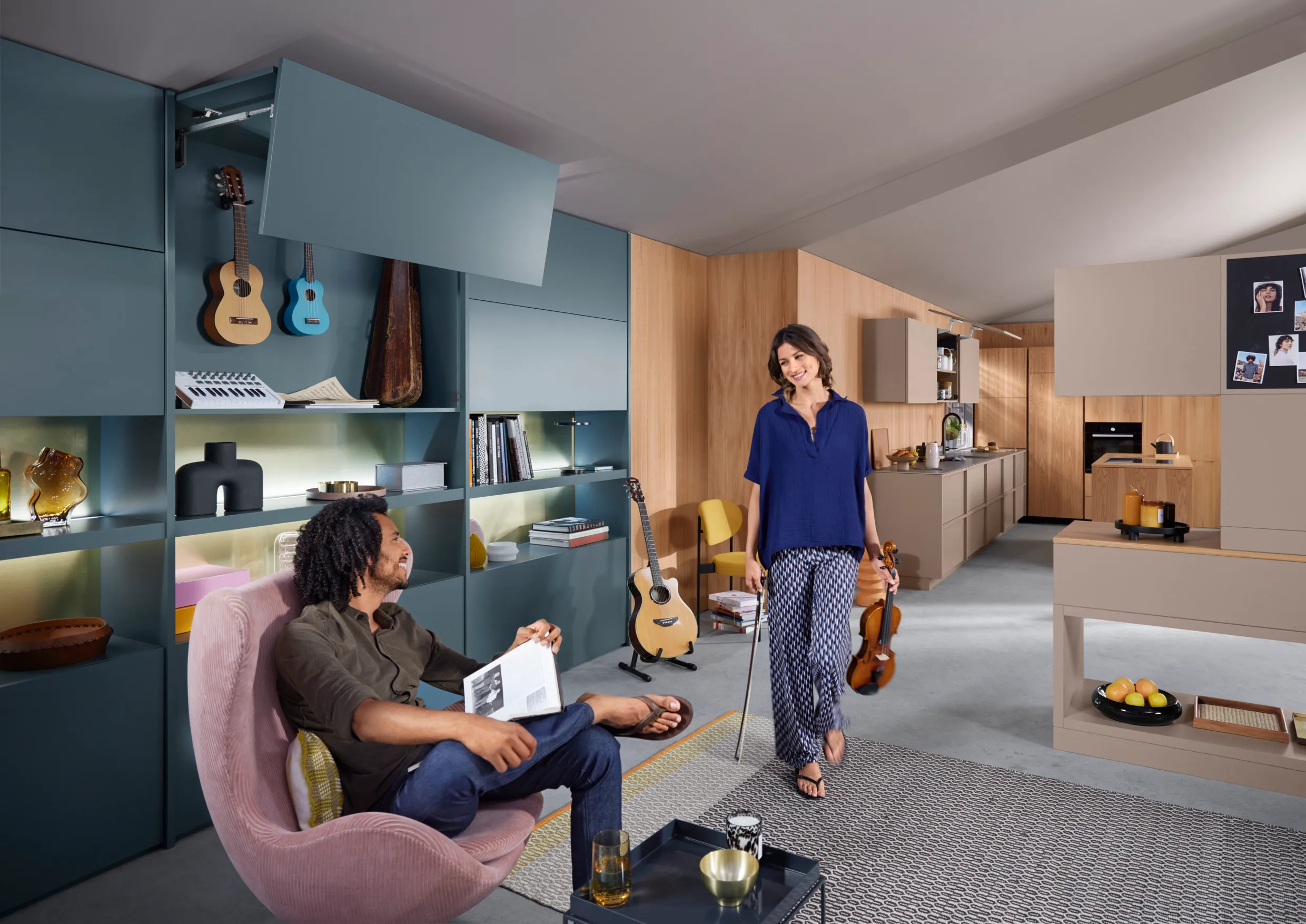 Blum's smart furniture fittings for modern homes - BLUMOTION hinge, TANDEMBOX drawers, REVEGO pocket systems, and the versatile AVENTOS top