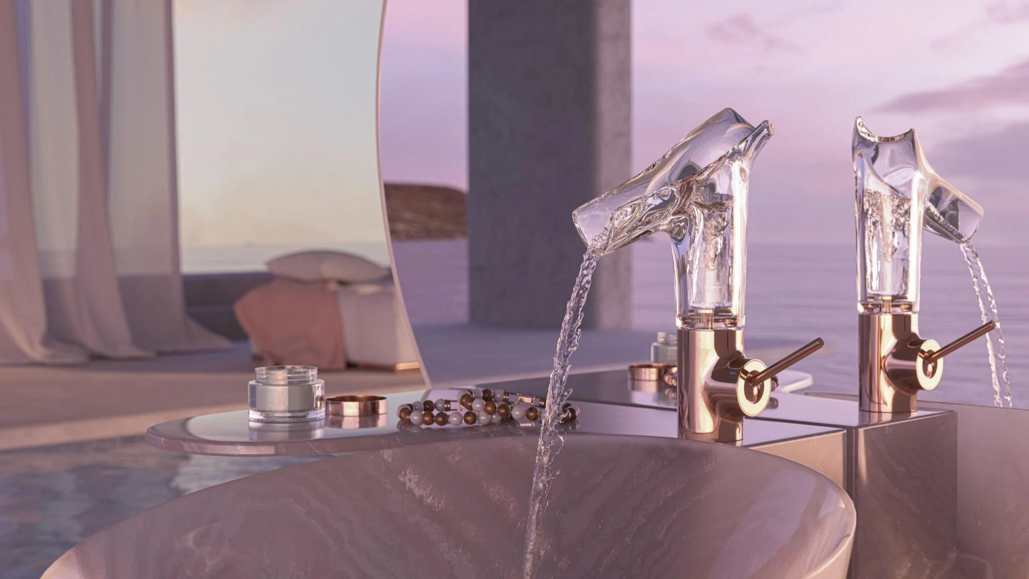 AXOR Starck V single lever basin mixer, waste set with glass spout and pin handle, premium bathroom and home solutions with water saving technology