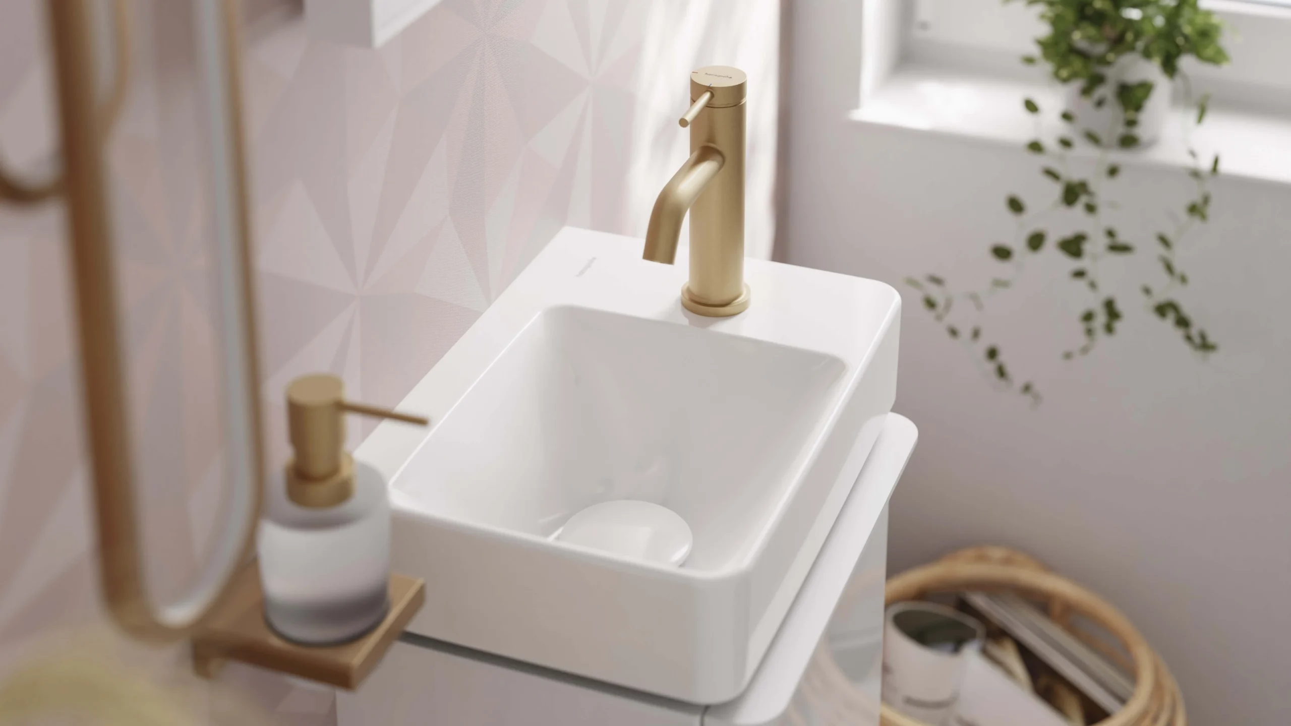 hansgrohe Tecturis S faucet with bronze-colored surface finish in bathroom with white washbasin