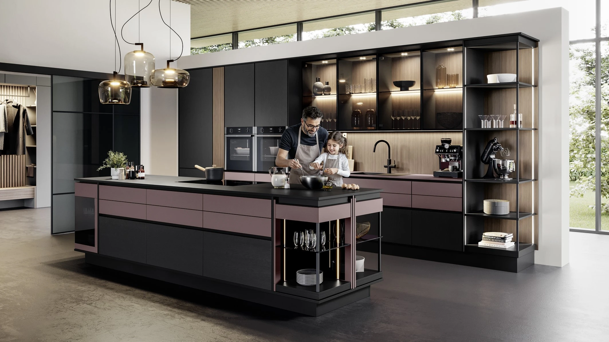 premium dine-in kitchen design with dark glass fronts, furniture fittings and solutions such as FurnSpin by hettich india, hettich display at interzum 2025