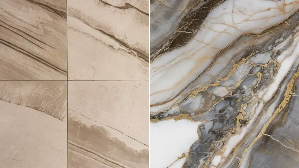 A collage comparing two juxtaposed images of tile flooring and marble flooring