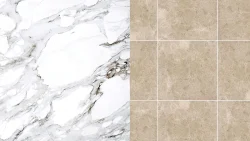 Comparative collage of marble flooring and tiles flooring.