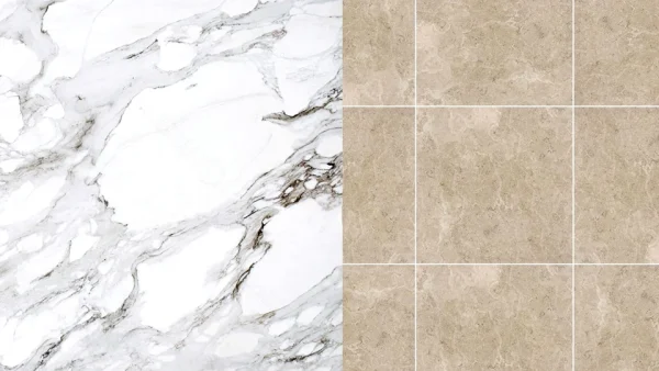 Comparative collage of marble flooring and tiles flooring.