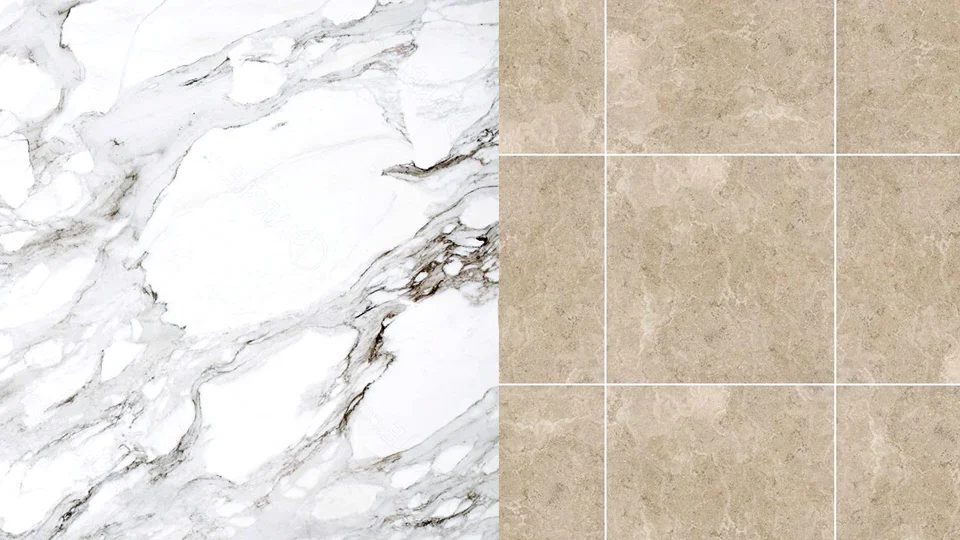 Comparative collage of marble flooring and tiles flooring.