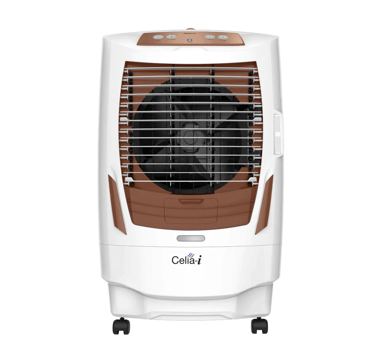 front look of Havells desert air cooler, white and brown cooler with ice chamber and collapsible louvers 