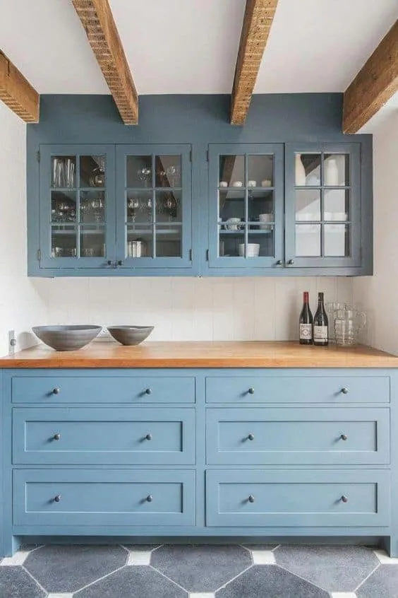 blue Kitchen cabinets-glass instead of open shelves with backsplash