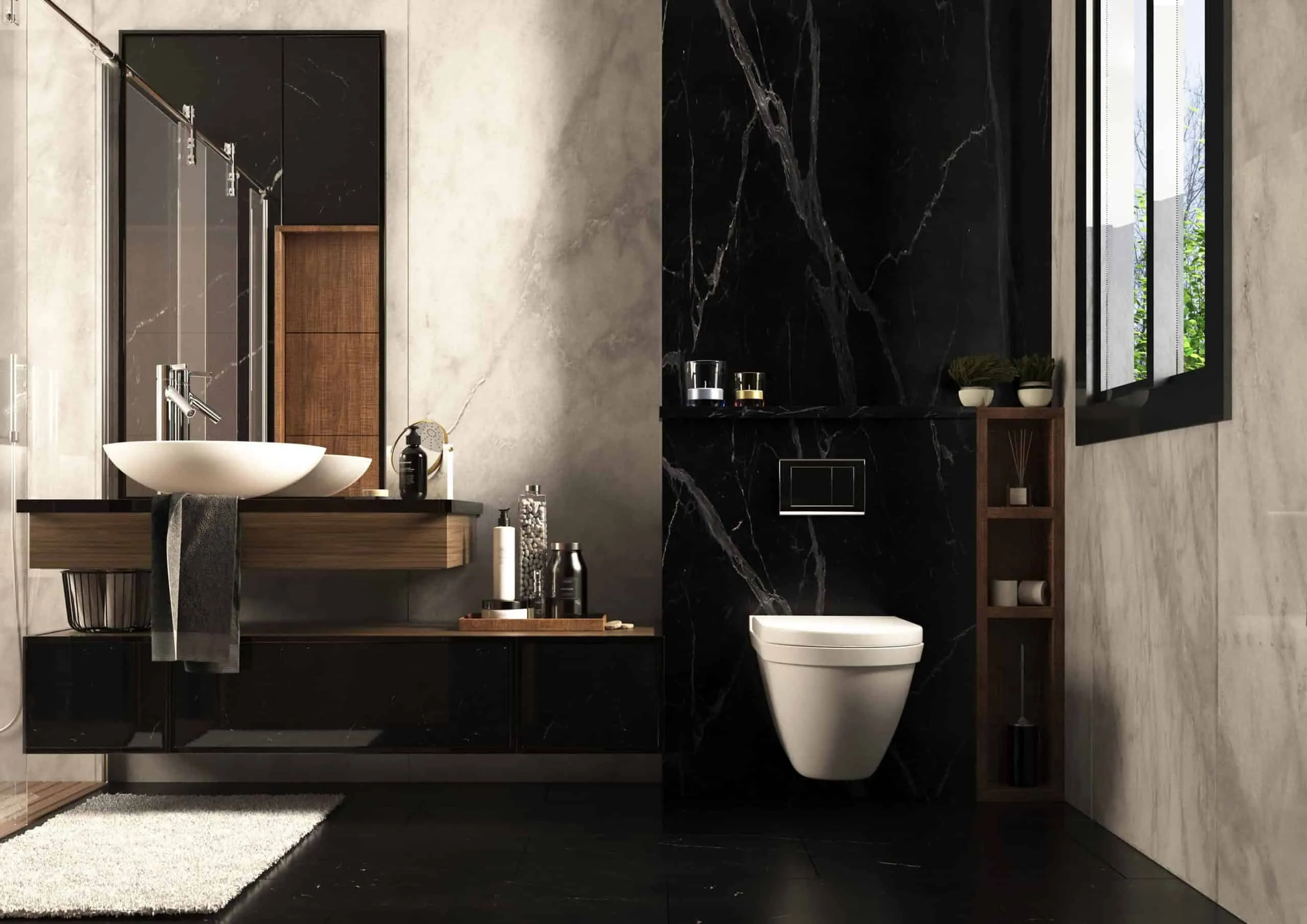 Black and white modern bathroom wall and tile colour design