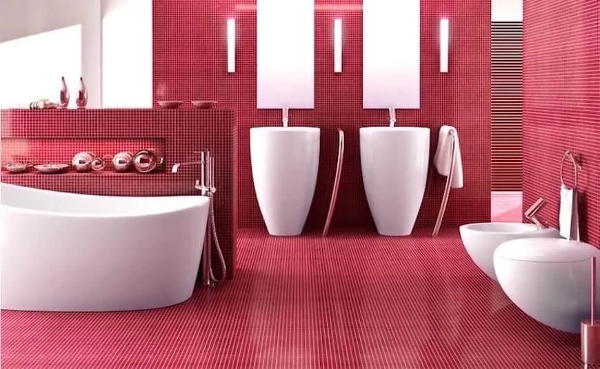 red and white modern bathroom colour design with red tiles