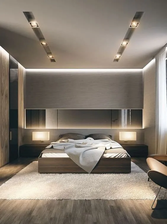 cove lighting and LED strips with grey walls for bedroom