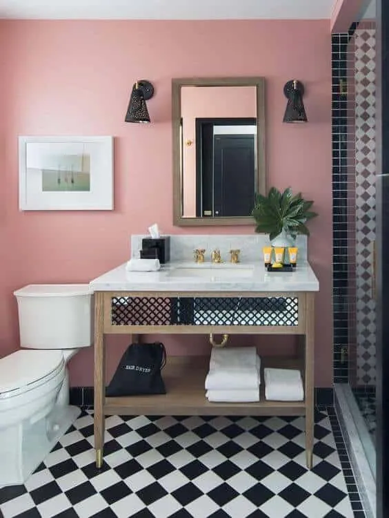 Pink and black modern washroom design with walls and tiles