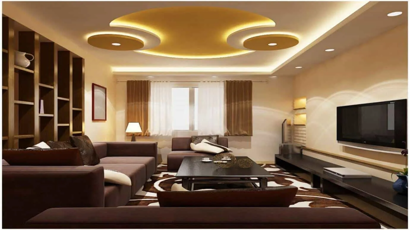 designer drawing room with yellow and white lights and brown furniture