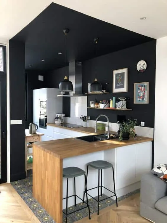 black ceiling for open-kitchen