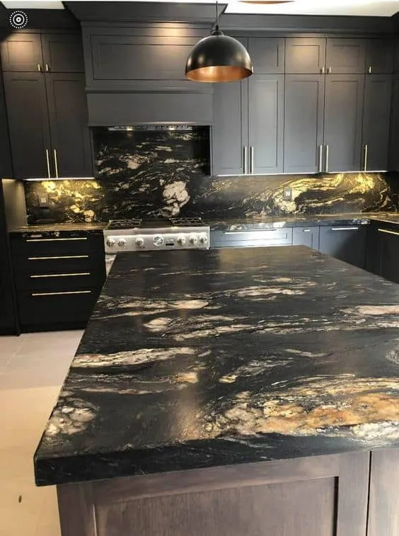 black textured granite with cabinets