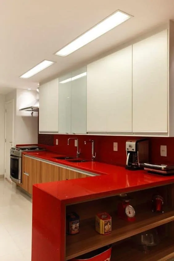 red countertop designs with white cabinets and ceilings. 