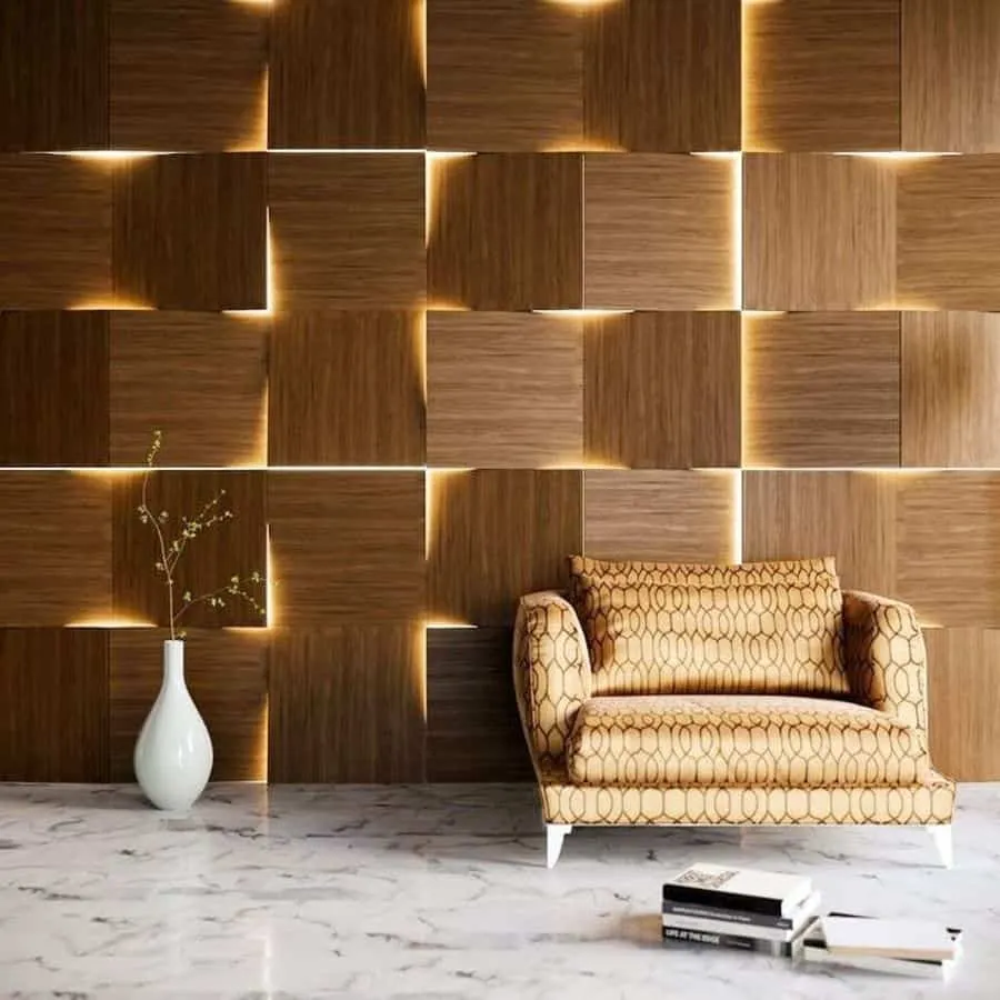 Wall with wood planks and concealed lights
