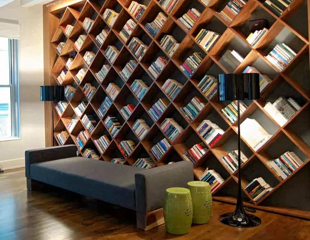 wood bookshelf on walls