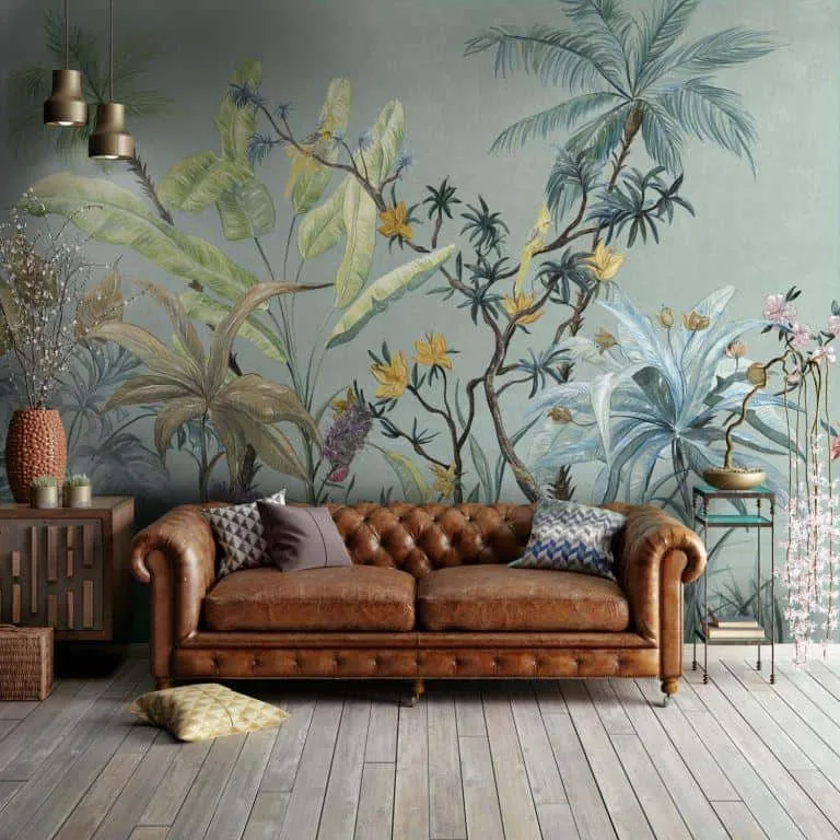 multicolor floral wallpaper beautifying the living room walls of this contemporary home