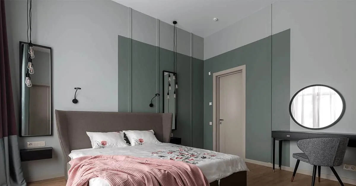 bedroom wall design in contrasting shades of green