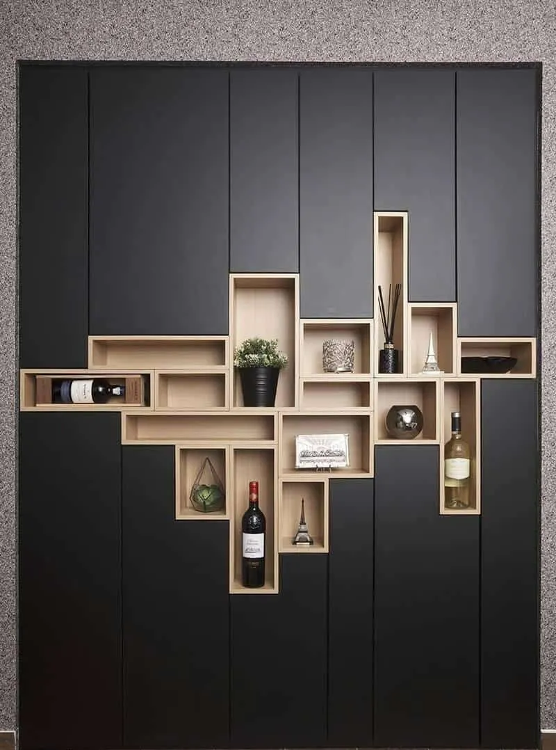 black wall design with storage space