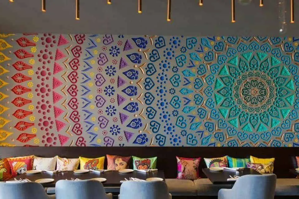 colorful mandala artwork on restaurant wall