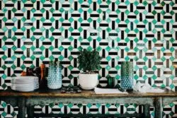 green, black and white geometric tile wall