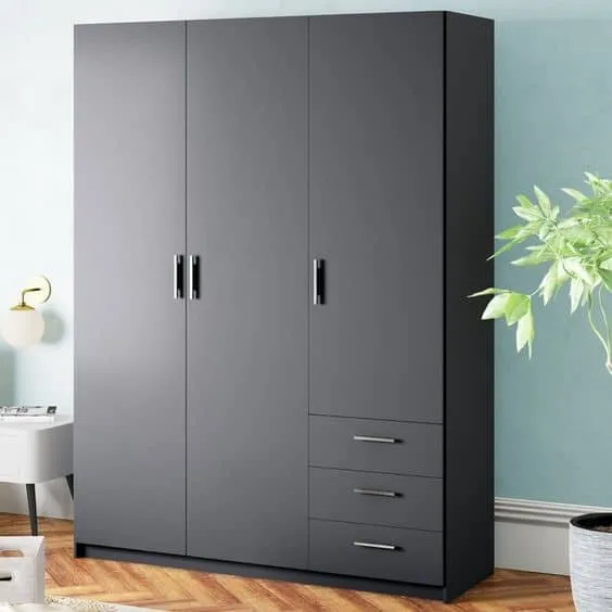 black 3 door closet with bottom drawers for bedroom