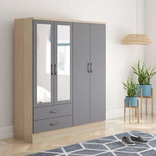 4 door closet in grey colour with mirror doors and bottom drawers