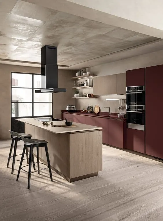 deep red coloured faux timber frameless kitchen cabinets