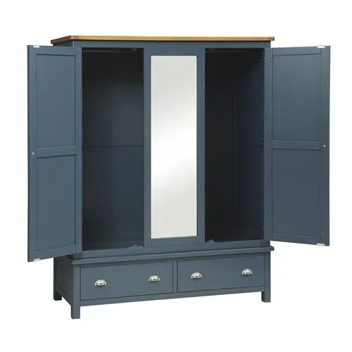 blue steel wardrobe with bottom drawers and mirror with interior design, lights, and drawer system