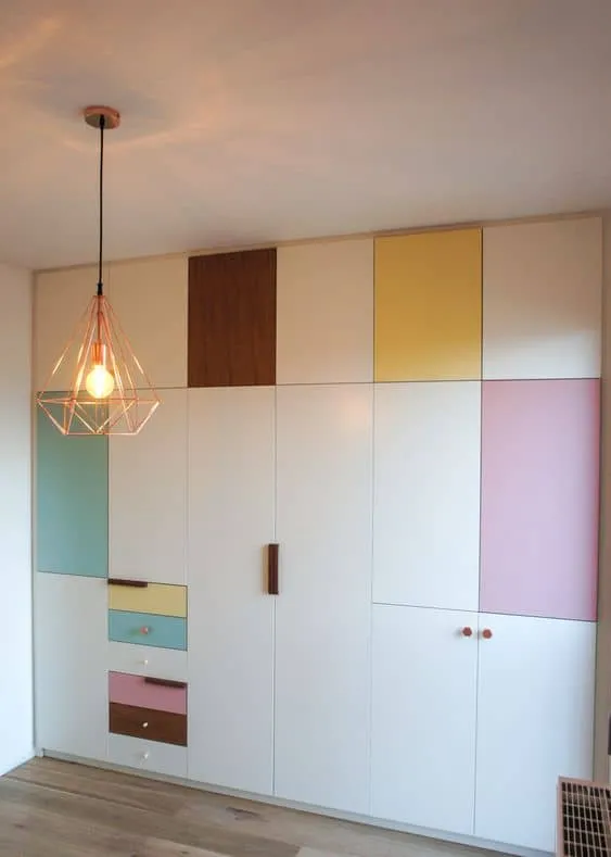 white, pink, yellow, blue, and brown wardrobe colours with ceiling lights
