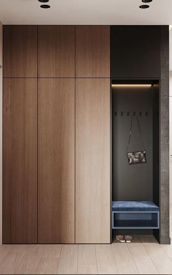 sleek wooden wardrobes with hanger rail in interior design with drawer system