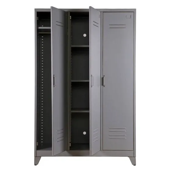light grey steel wardrobe with three doors, interior design, lights, and drawer system