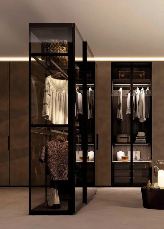L shaped glass wardrobes with black metal frame with interior design, lights, and drawer system