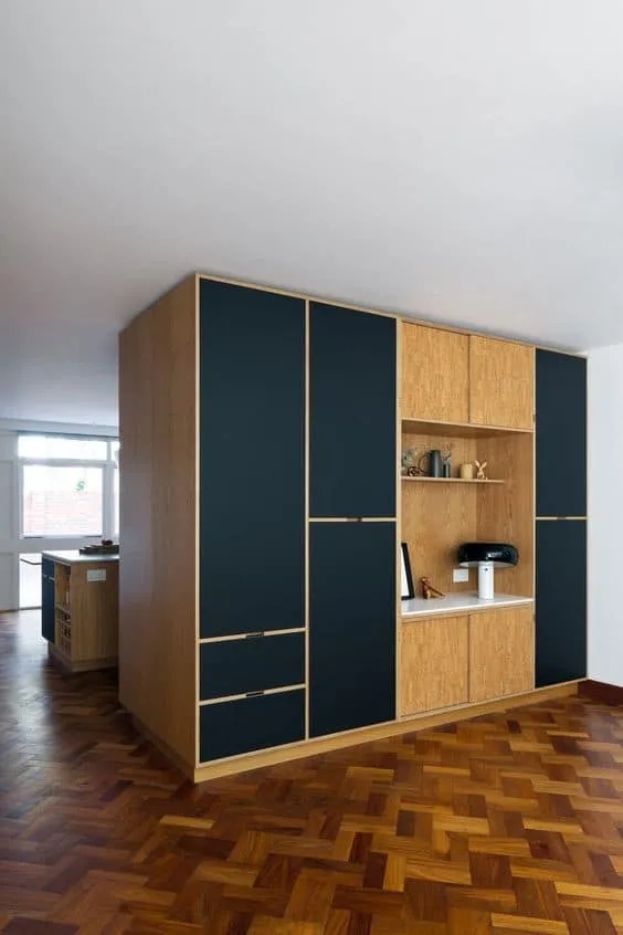 dark blue and brown wardrobes with showcase unit interior design