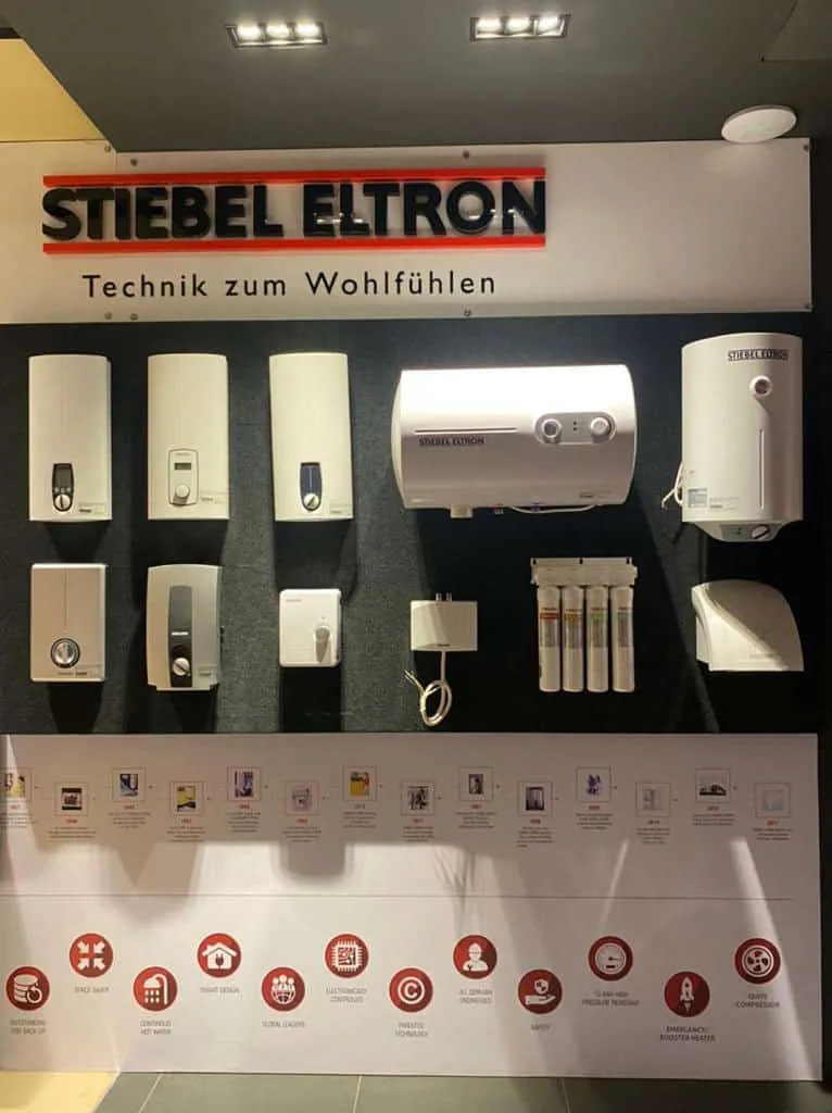 Stiebel Eltron product display of bathroom fitting and appliances