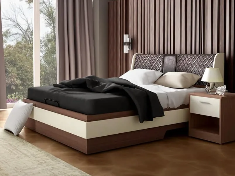 contemporary style king size designer bed in Valigny Oak finish with cushioned headboard