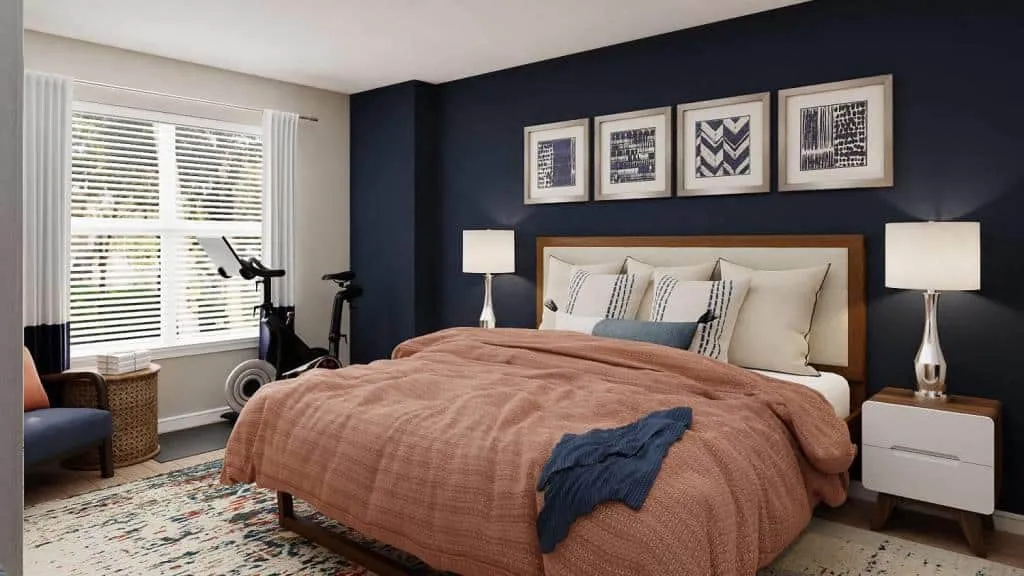  Traditional bedroom with blue and orange colour palette