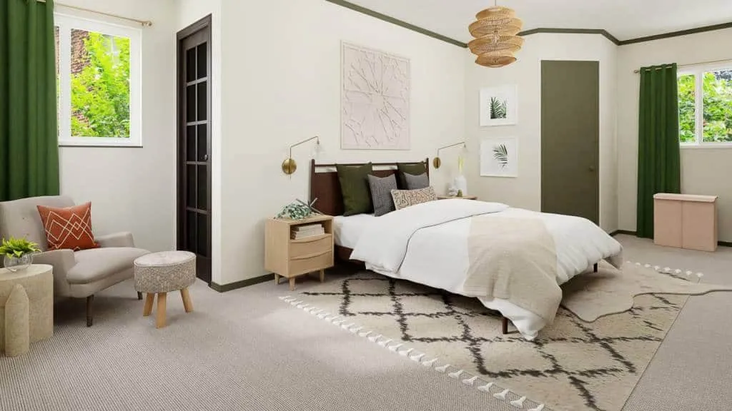  Boho bedroom filled with basil hue accents; bedroom layout