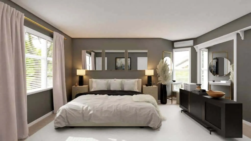  Modern glam bedroom with grey walls and gold accents