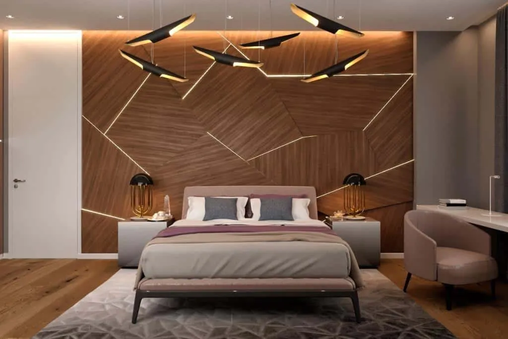  dark themed bedroom with accent lighting and wood bedback wall; Bedroom wall tiles layout
