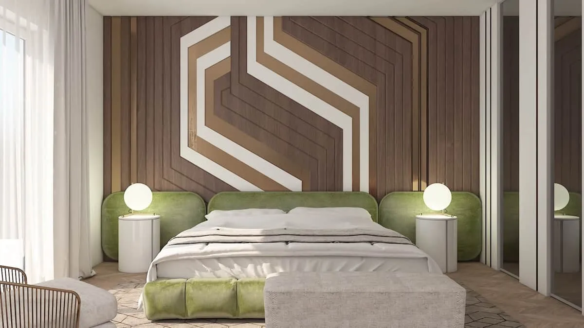  Ultra-modern bedroom with tan hues; bedroom layout