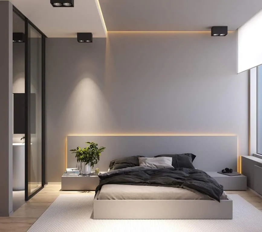  simple grey bedroom with concealed accent lighting; bedroom false ceiling design layout