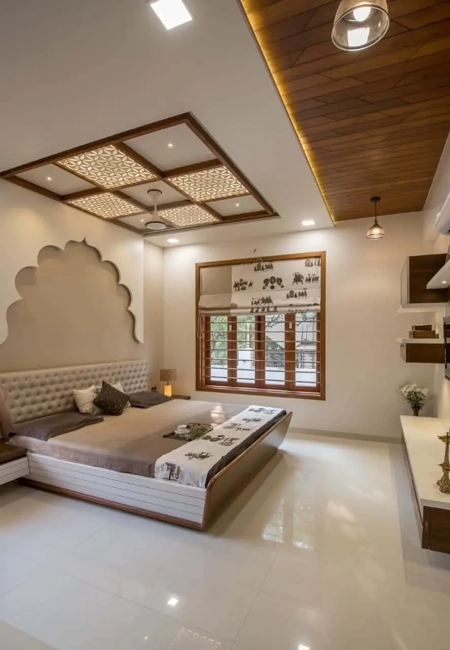  indian bedroom with coffered ceiling and concealed lighting; bedroom false ceiling design layout